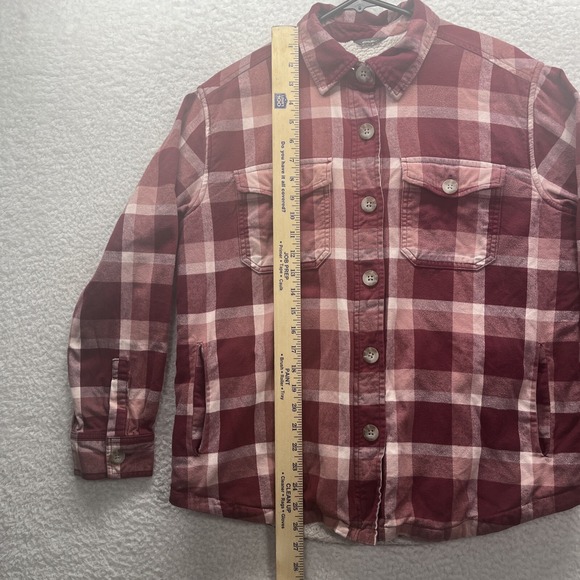 Eddie Bauer Shirt Womens Medium Red White Sherpa Lined Plaid Flannel Shacket - Picture 6 of 16